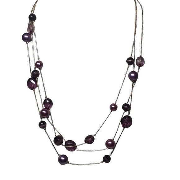 Necklace Gold Tone Triple Strand Chain with Faceted Purple Satellite Beads 18"